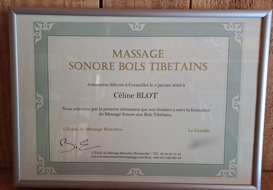 Attestation de formation encadrée : Céline Blot a suivi la formation au massage sonore aux bols tibétains de L'École du Massage Bien-être, le 5 janvier 2026
